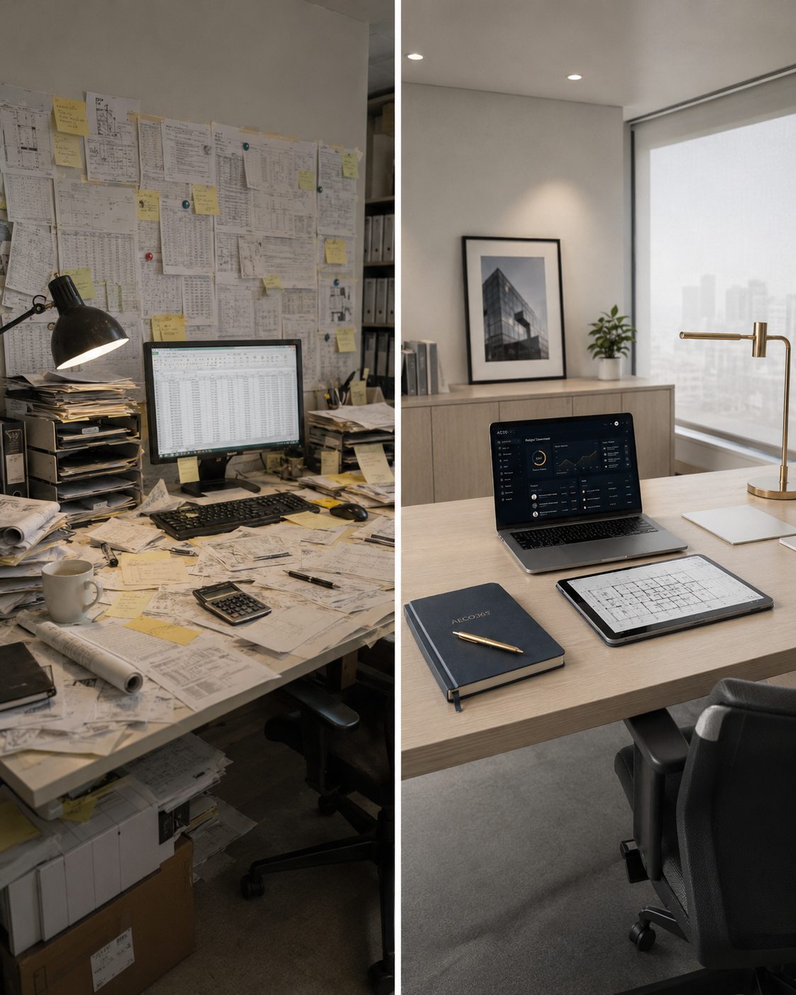 Comparativa antes y después: escritorio técnico caótico frente a estudio AECO360° ordenado y organizado