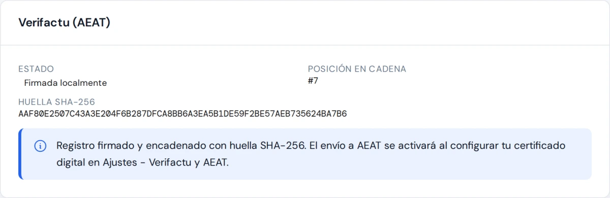 Vista de Verifactu, sin pagar un módulo aparte