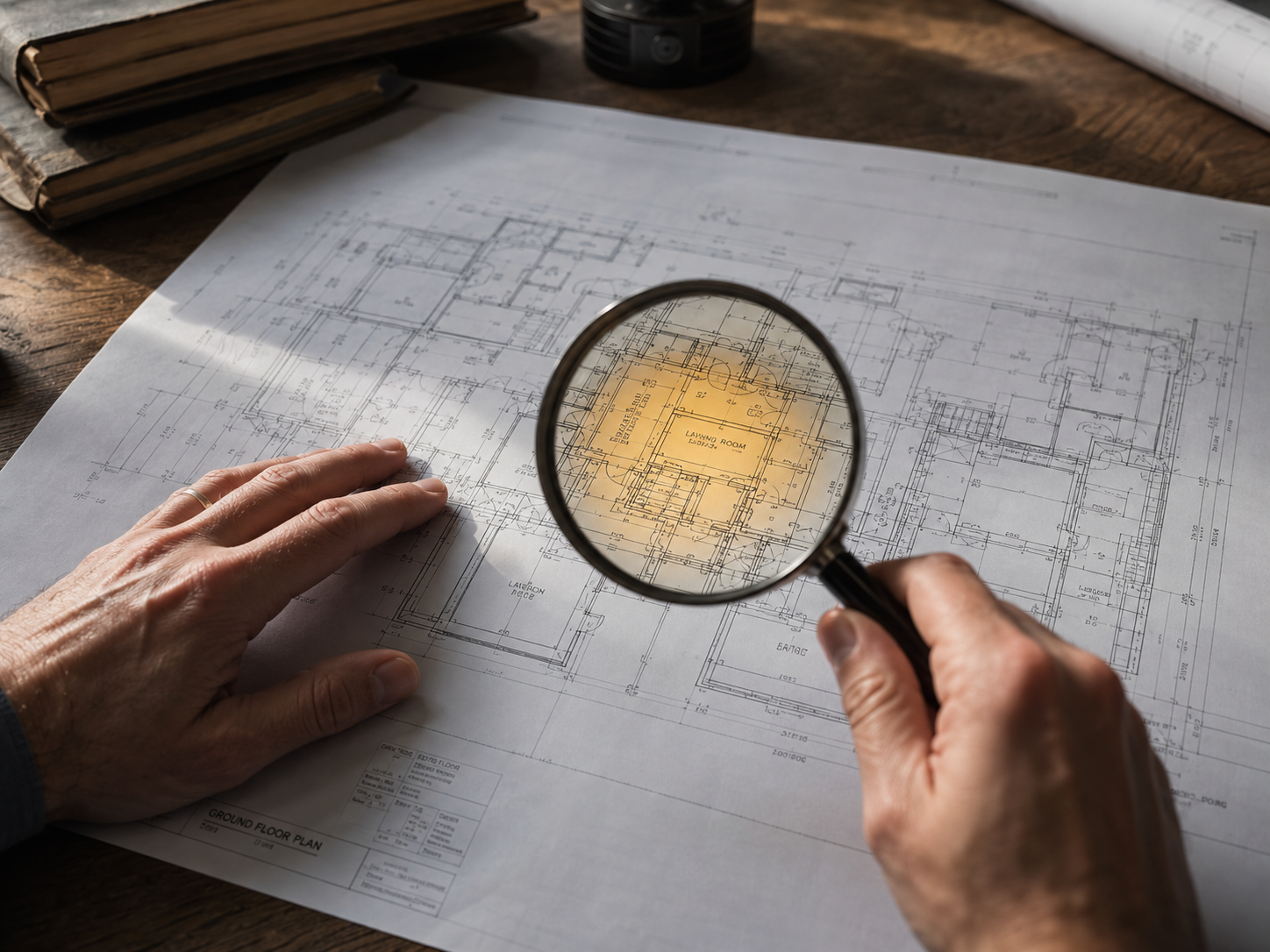 Manos de arquitecto revisando un plano con lupa que destaca un detalle clave