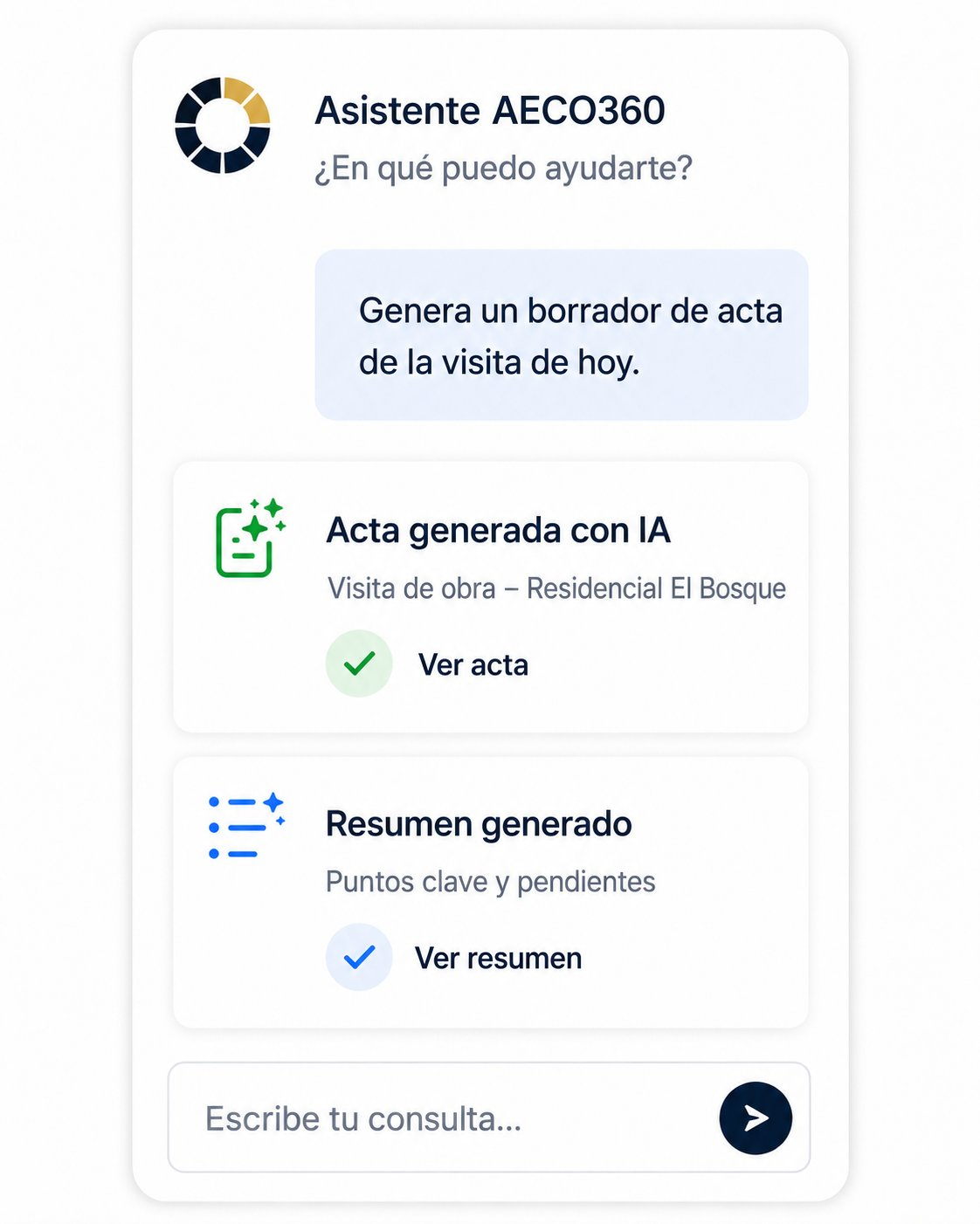 Asistente IA de AECO360° redactando un acta y resumiendo una visita