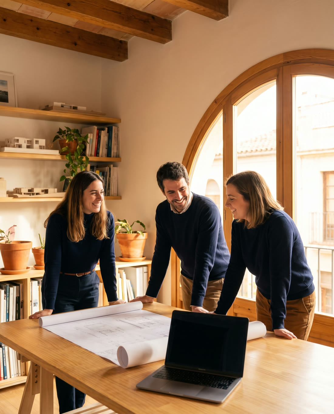 Equipo de un pequeño estudio de arquitectura conversando sobre planos junto a un portátil