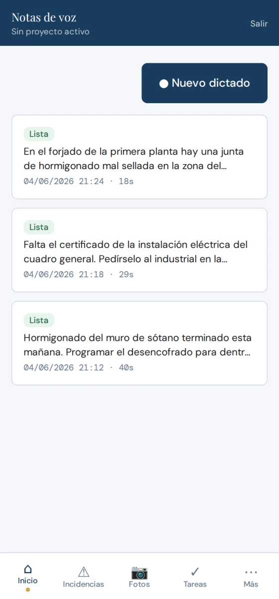 Modo Obra: Dicta la nota, y queda transcrita