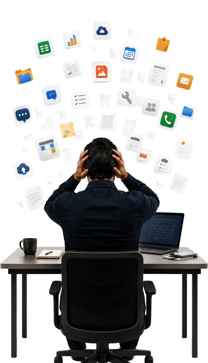 Profesional técnico abrumado rodeado de apps y herramientas flotantes desconectadas, ilustración con fondo transparente