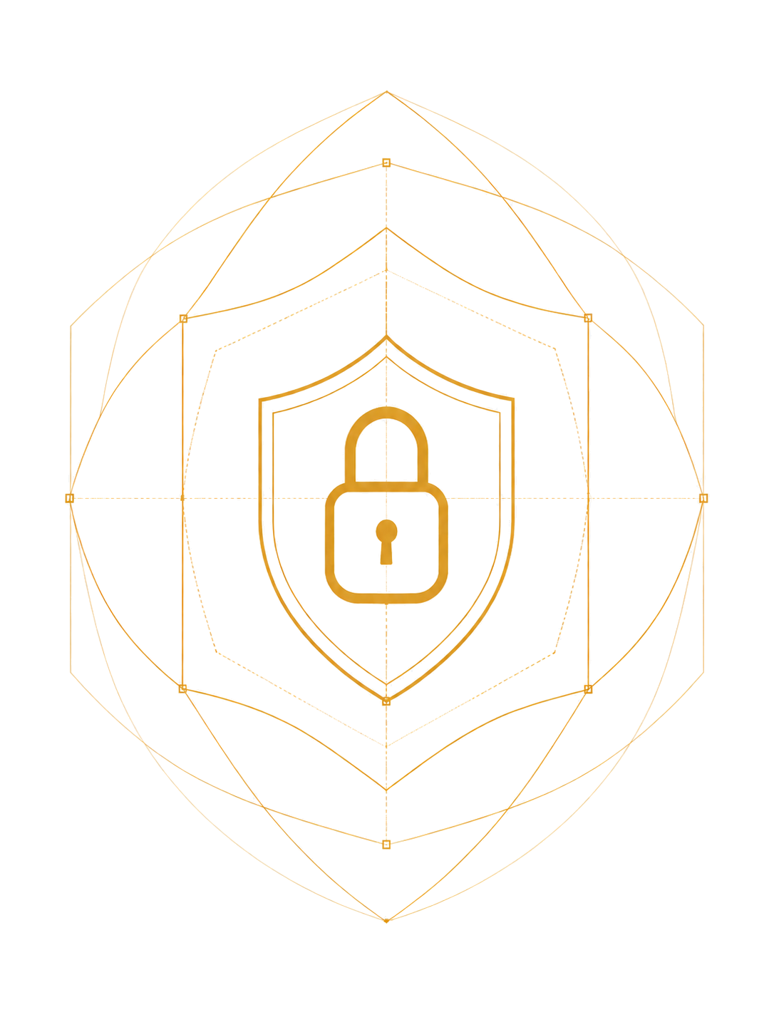 Ilustración vertical de escudo dorado con candado sobre fondo blanco, símbolo de seguridad y privacidad de AECO360°