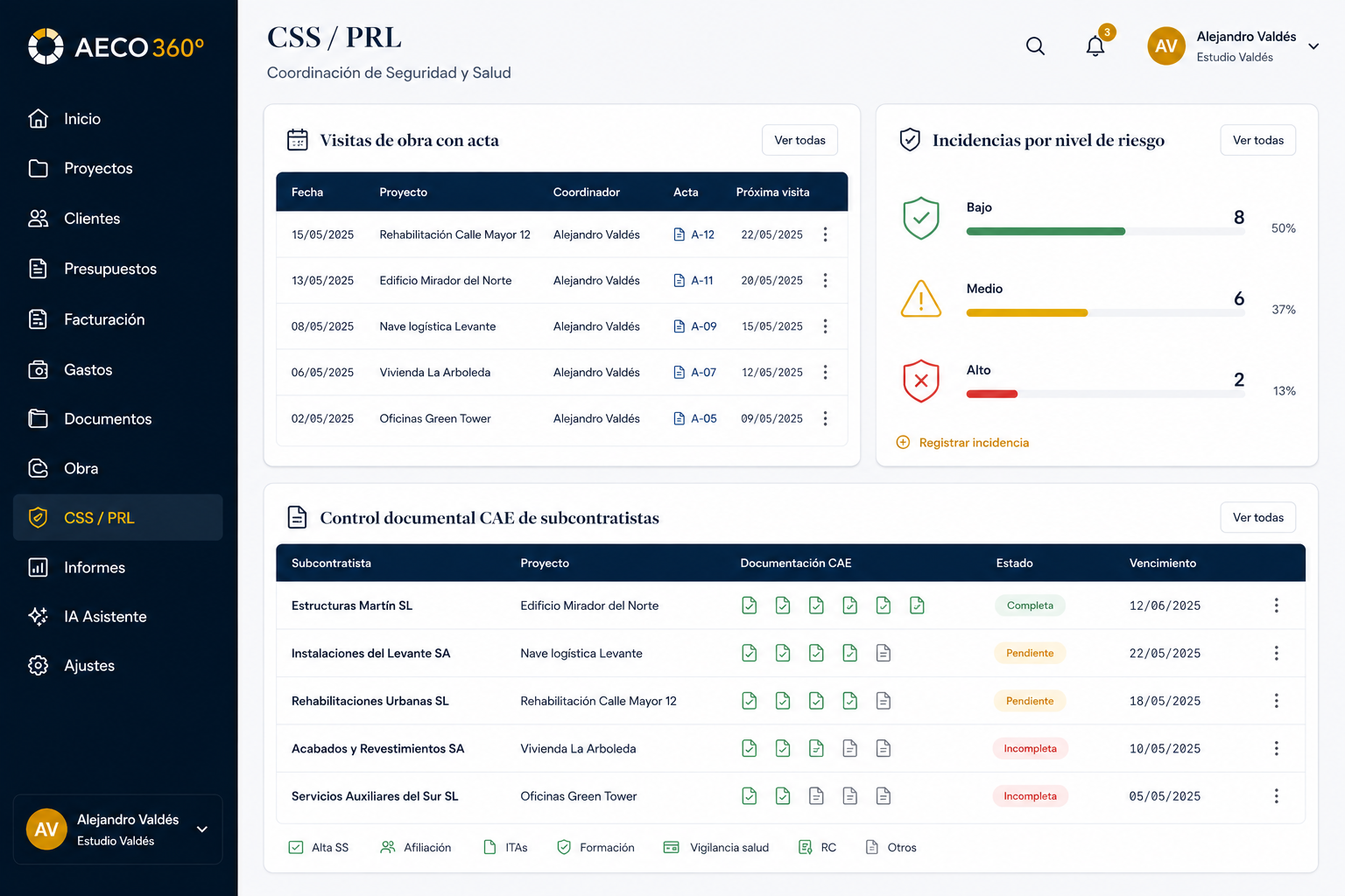 Vista del módulo CSS — Coordinación de Seguridad y Salud en AECO360°
