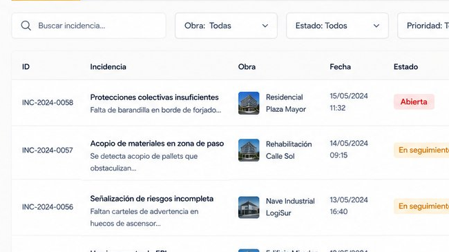 Vista de Seguimiento de incidencias en AECO360°