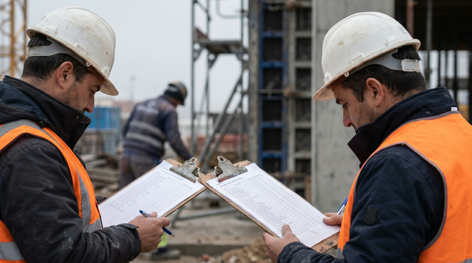 Coordinadores de seguridad y salud revisando un checklist a pie de obra