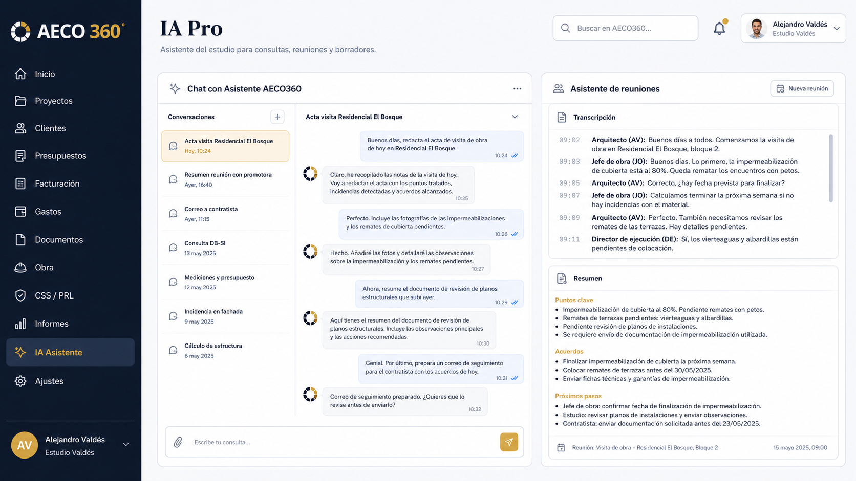 Vista del módulo IA Pro en AECO360°