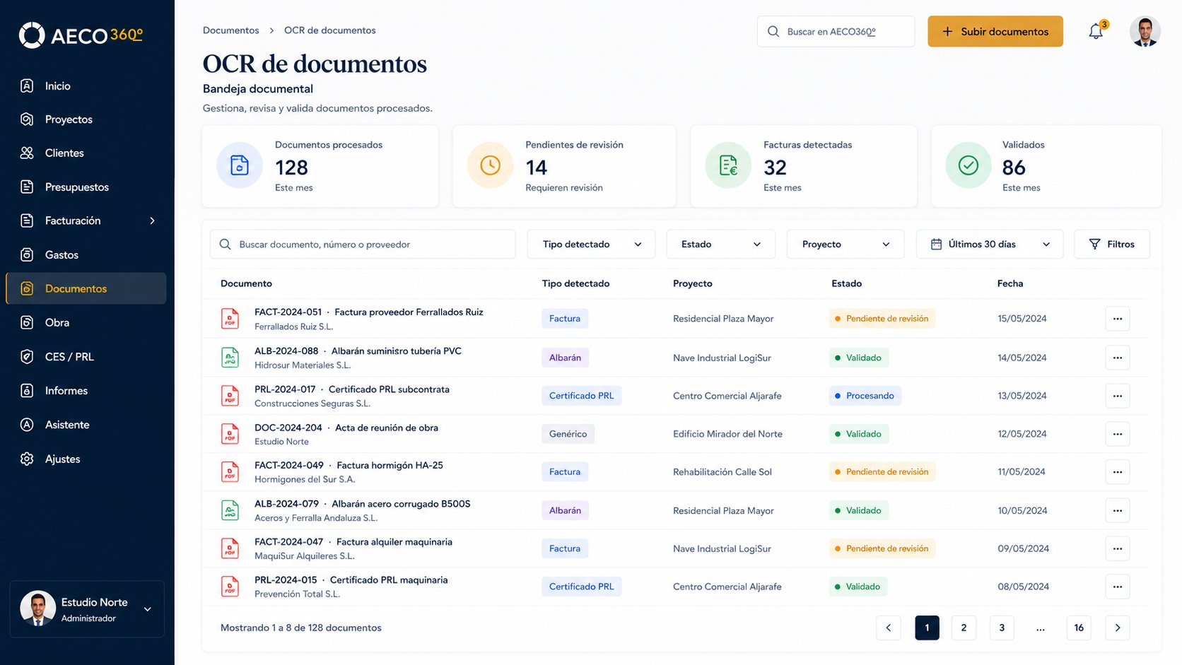 Vista del módulo OCR de documentos en AECO360°