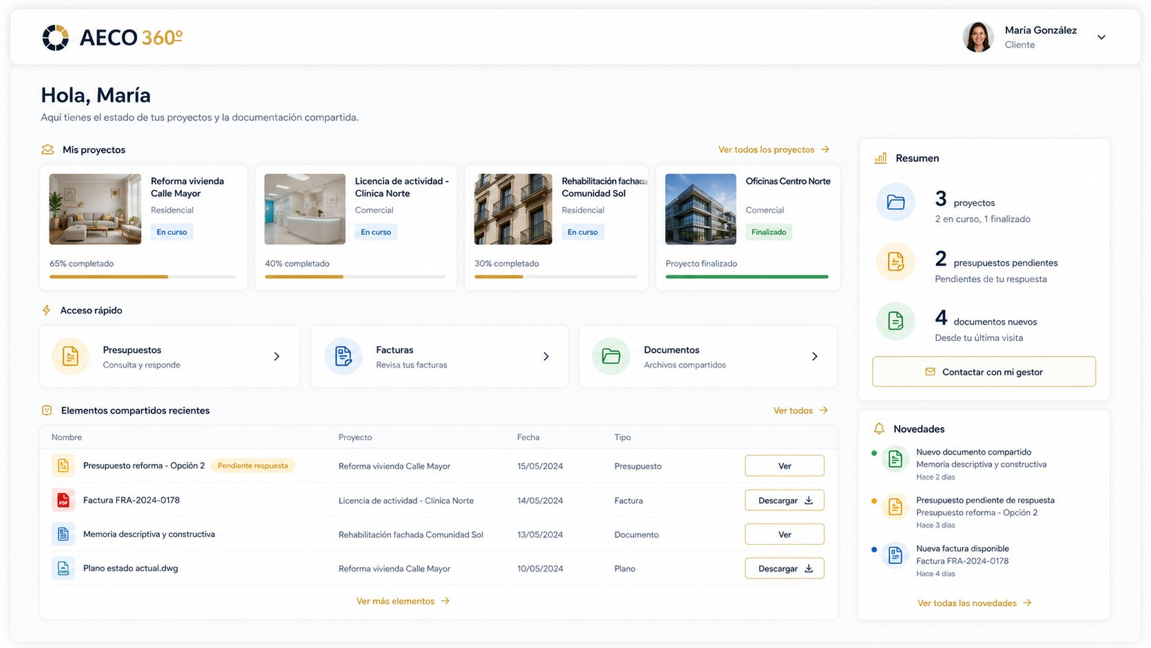 Vista del módulo Portal cliente en AECO360°