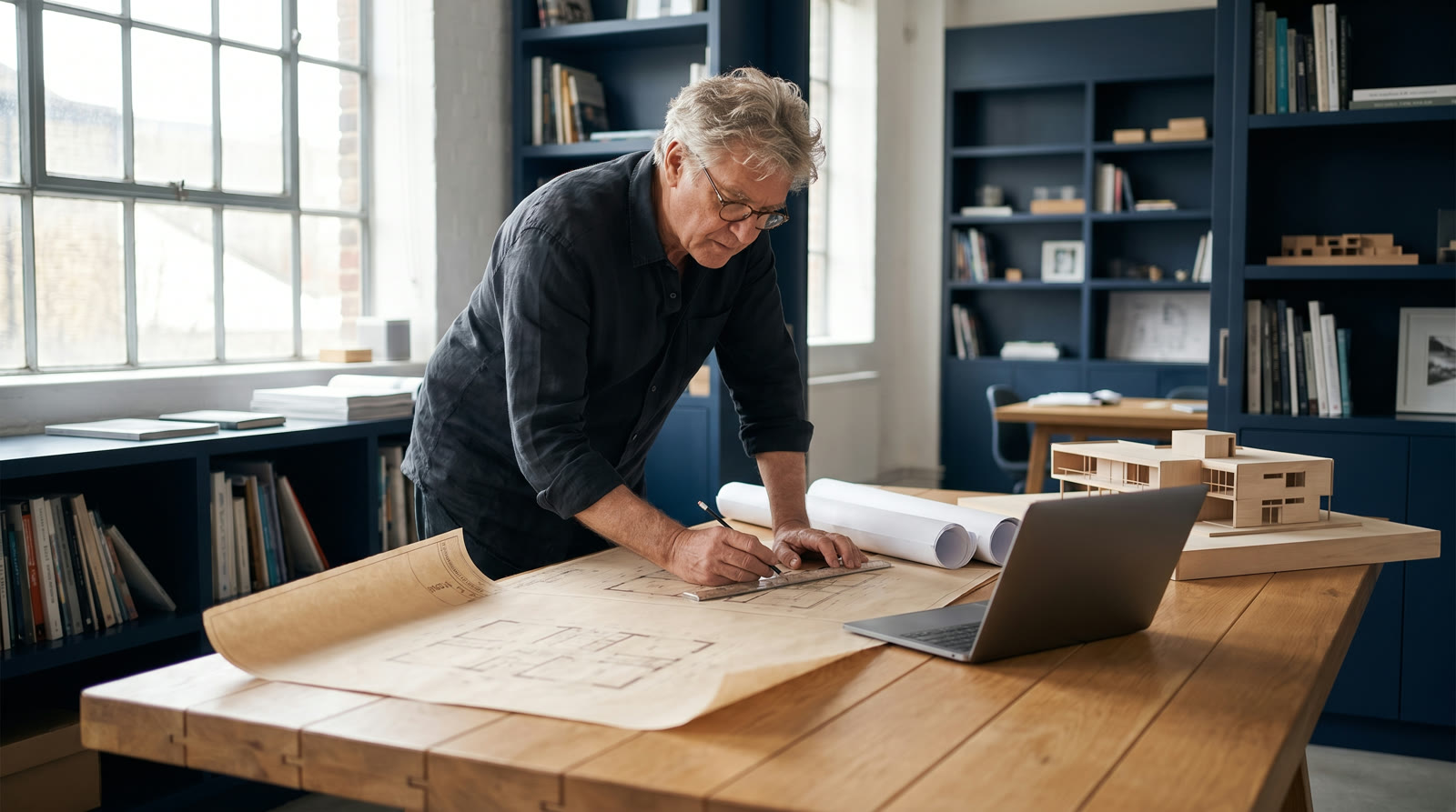Arquitecto revisando planos de gran formato en su estudio, junto a una maqueta y un portátil