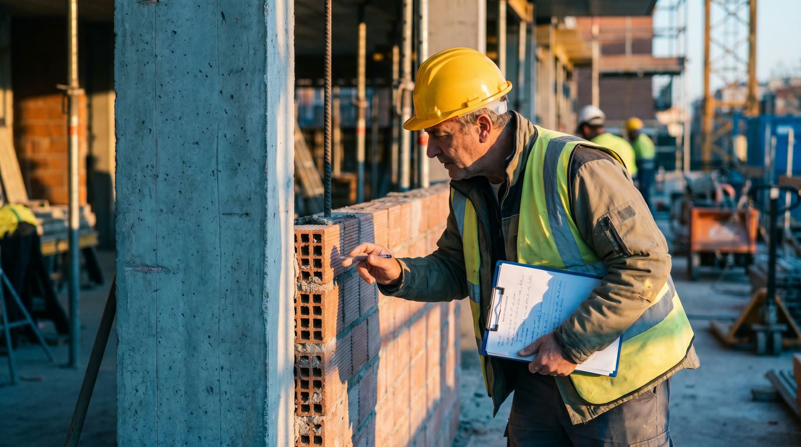 Arquitecto técnico inspeccionando la fábrica de ladrillo en una obra, con casco y portanotas