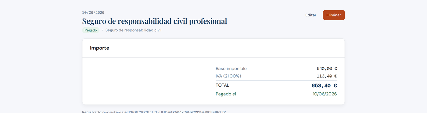 Detalle de un gasto con su base imponible, IVA y total