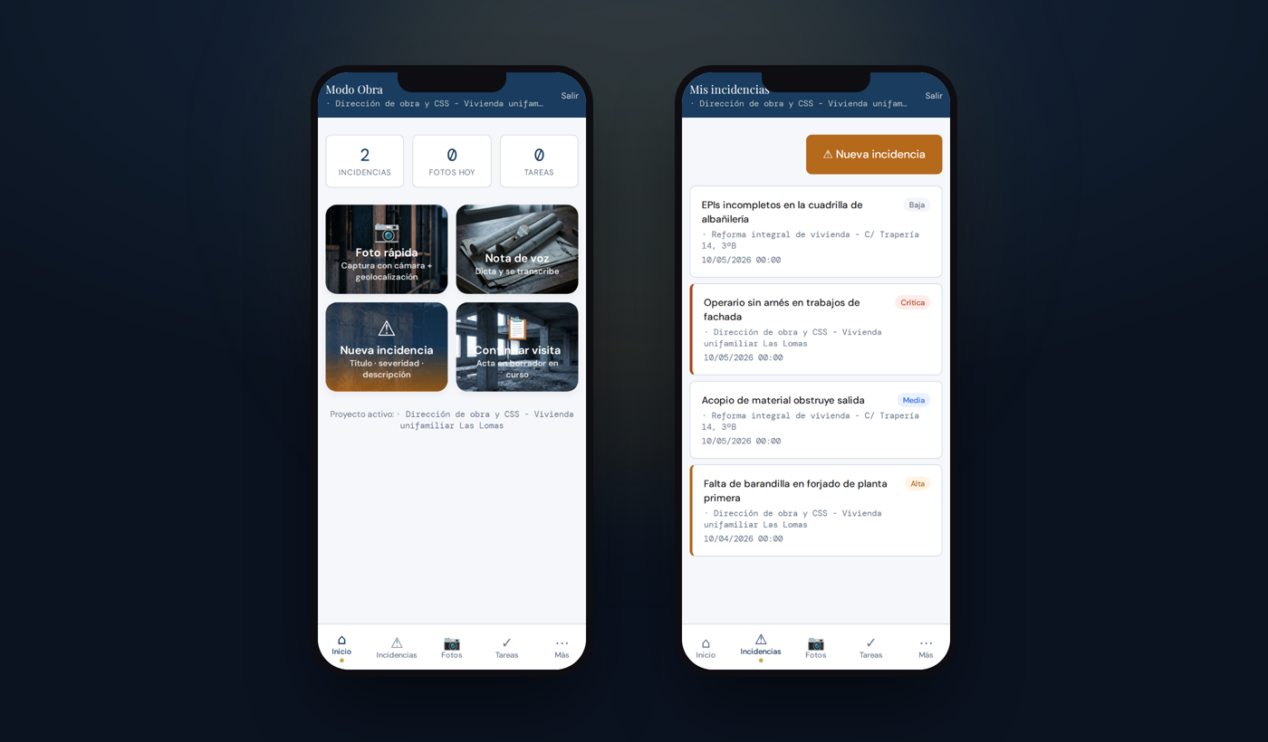 Modo Obra en el móvil: pantalla de inicio y listado de incidencias
