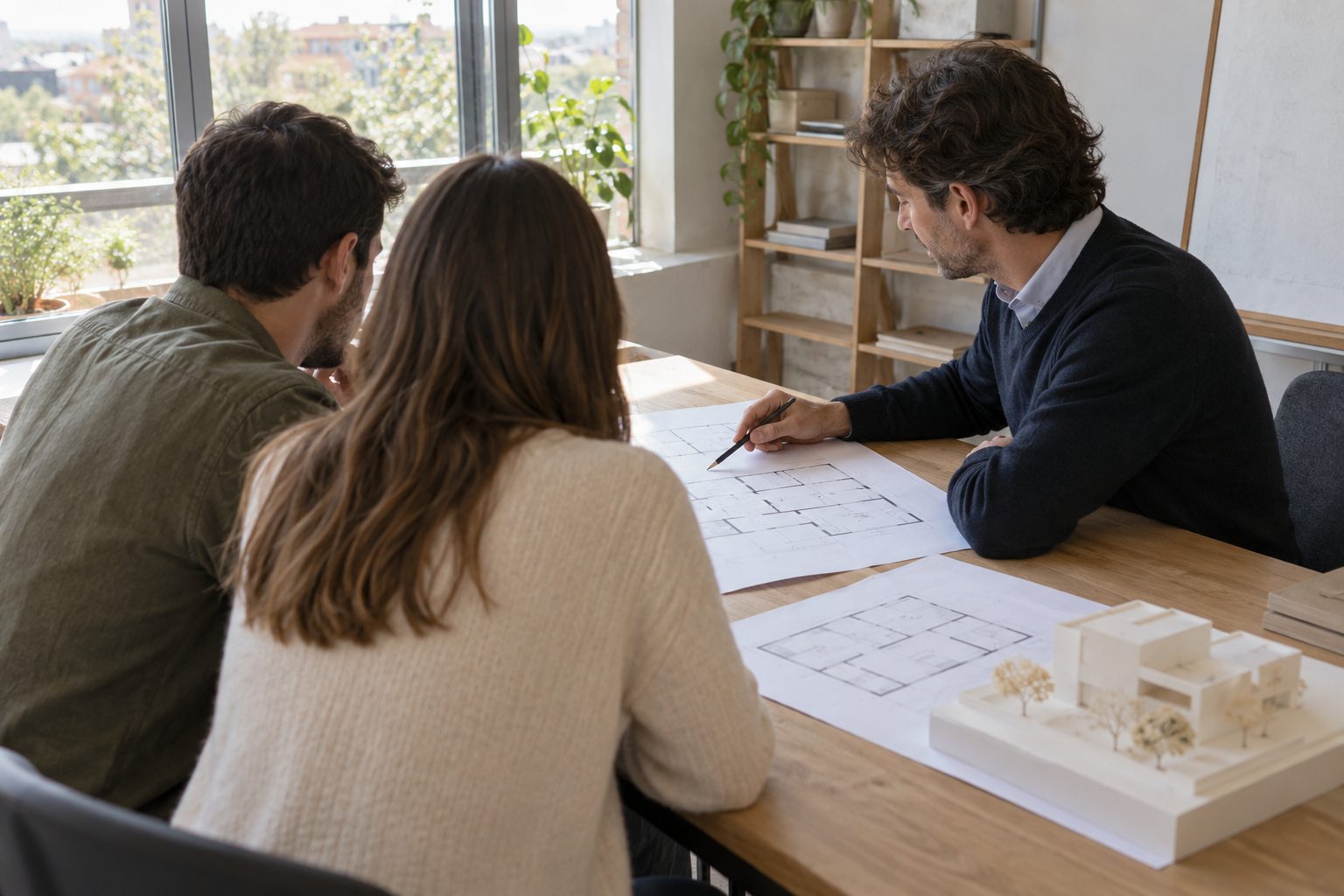 Arquitecto técnico explicando una propuesta a una pareja de clientes