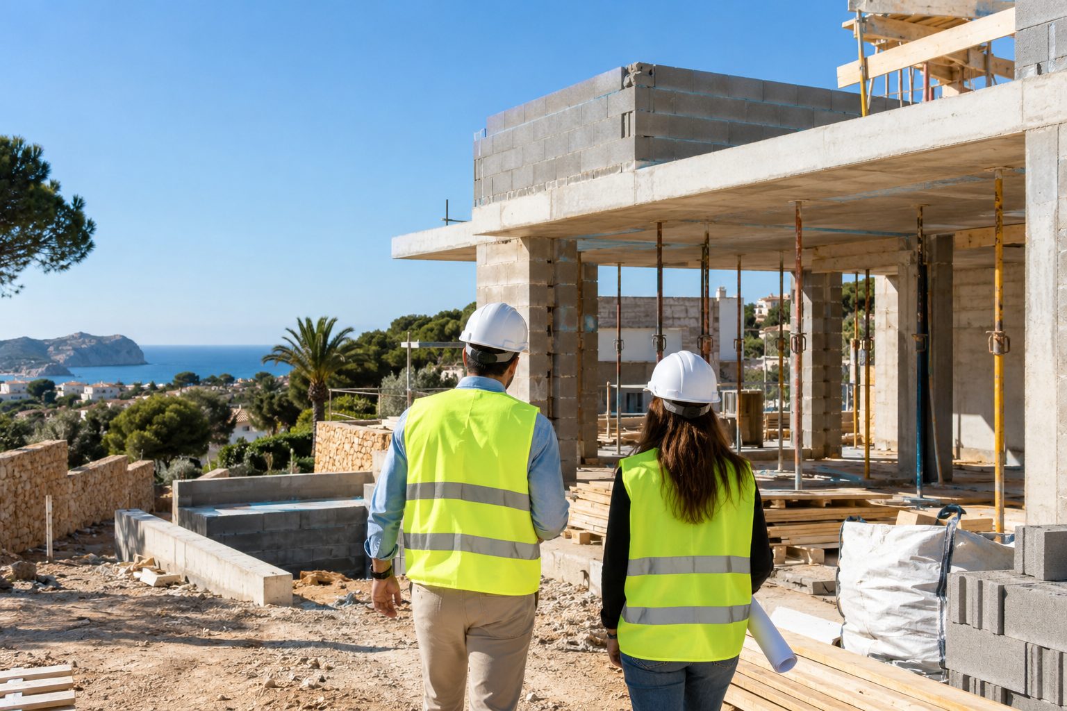 Dos técnicos de dirección de obra recorriendo una vivienda en construcción