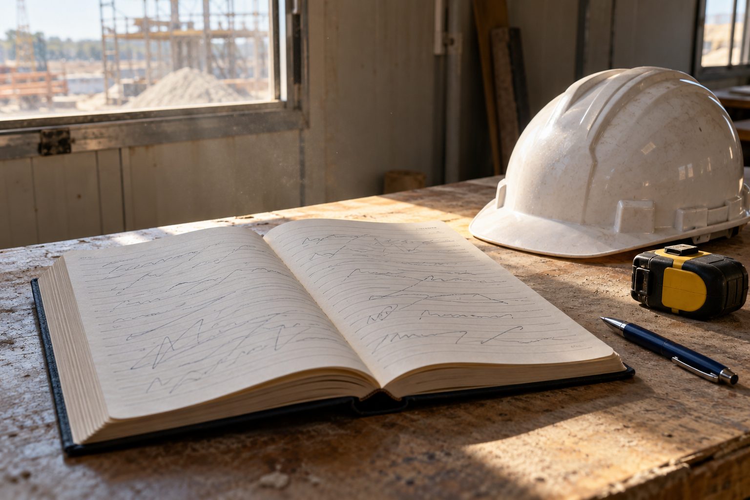 Libro de órdenes en papel abierto sobre la mesa de una caseta de obra