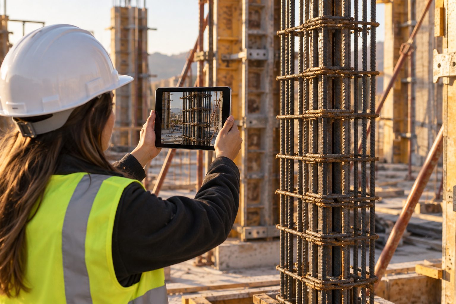Arquitecta fotografiando con una tableta el armado de un pilar