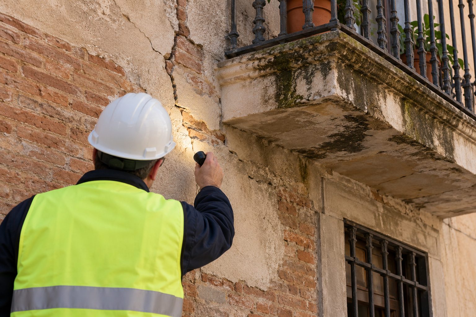 Inspector examinando una grieta en una fachada antigua