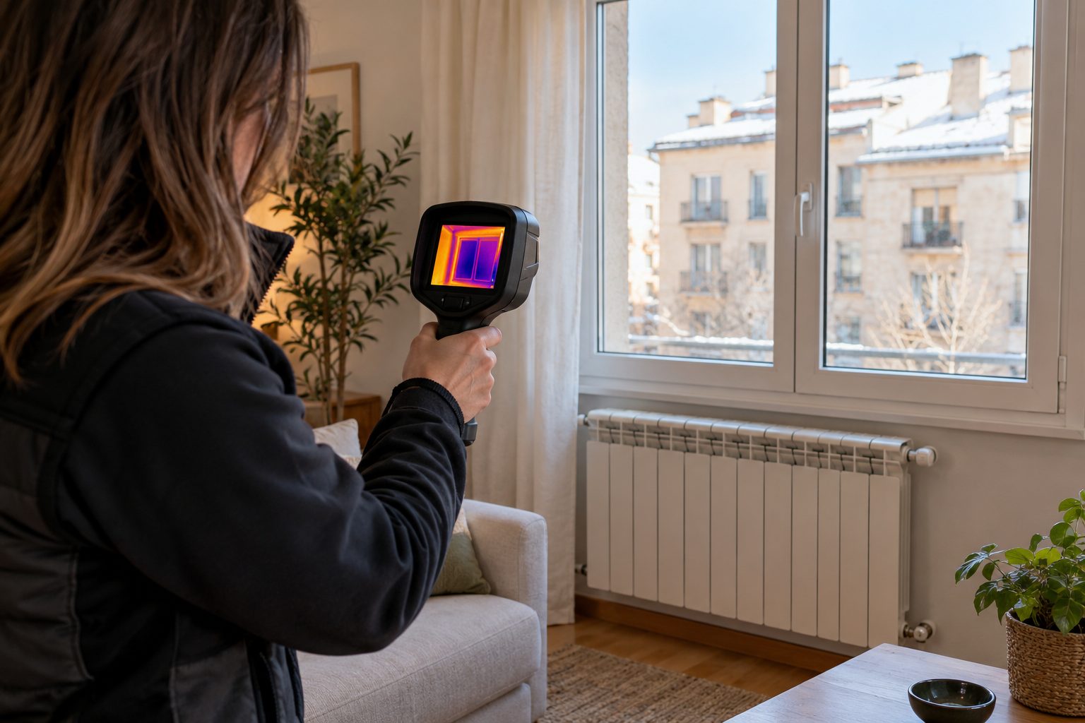 Técnica revisando una ventana con una cámara termográfica