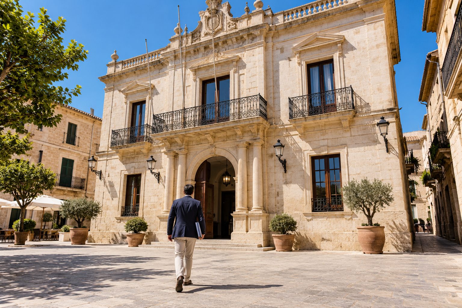 Técnico caminando hacia la entrada de un ayuntamiento de piedra