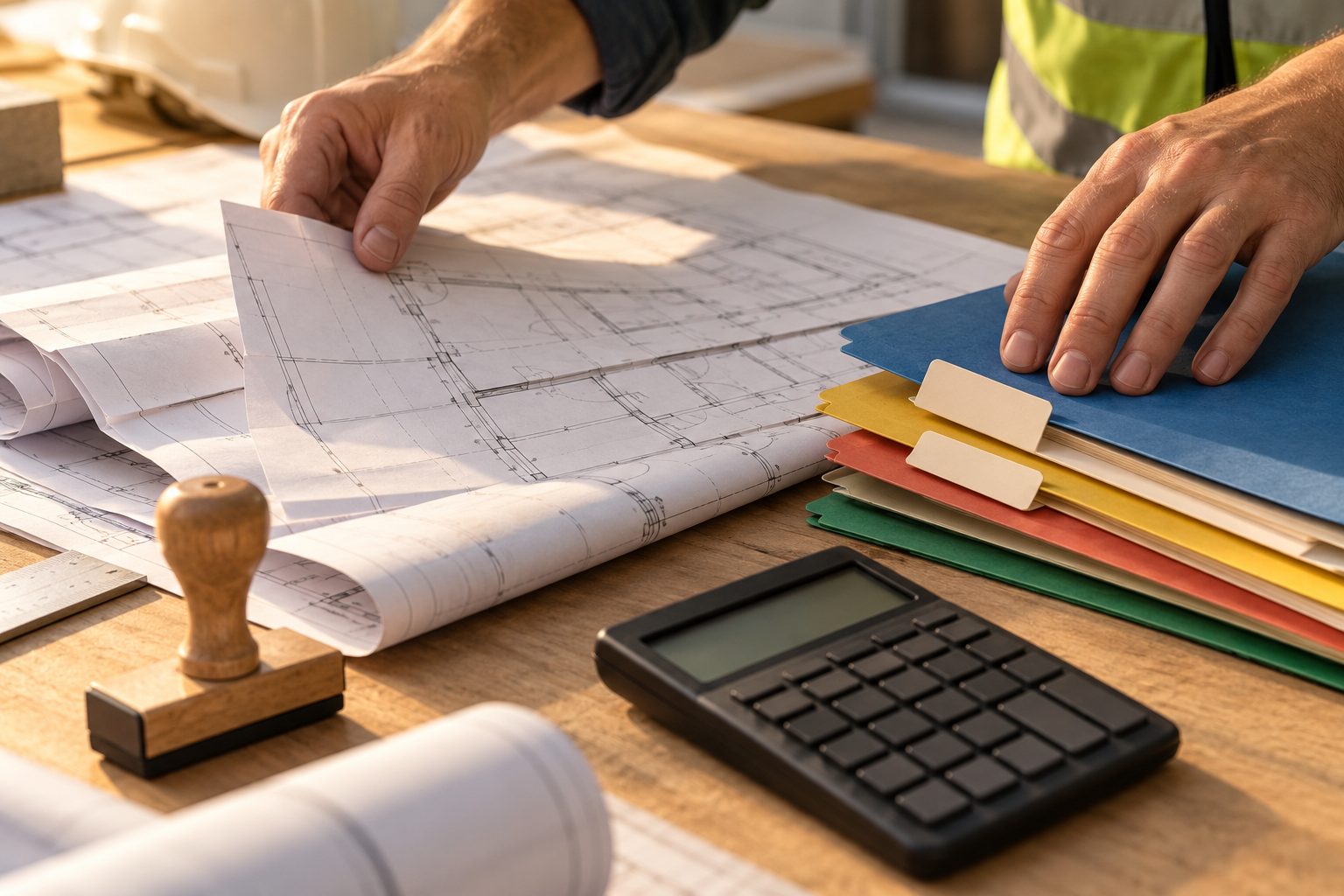 Manos de un técnico ordenando planos y carpetas de un expediente de obra