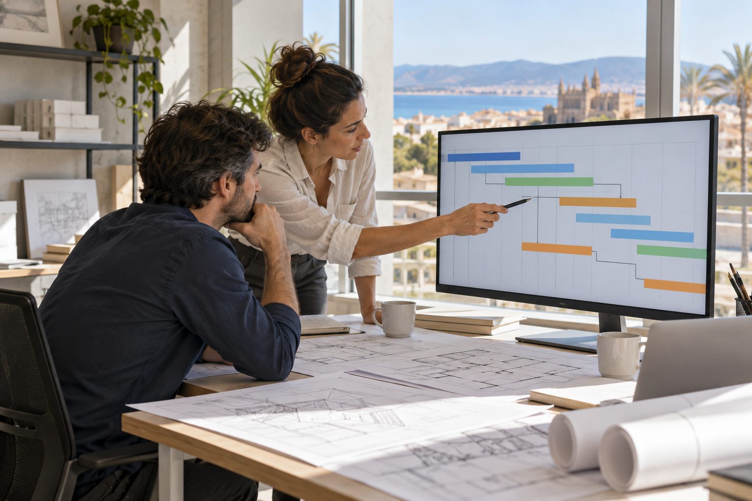 Dos técnicos revisando un cronograma de colores en una pantalla